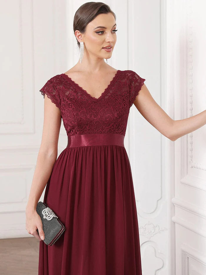 V-Neck Lace Empire Waist Short Sleeve Chiffon Evening Dress