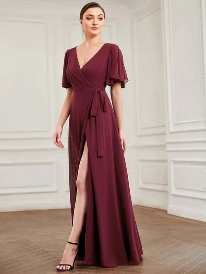 Tie Waist High Slit Flutter Sleeve Chiffon Evening Dress