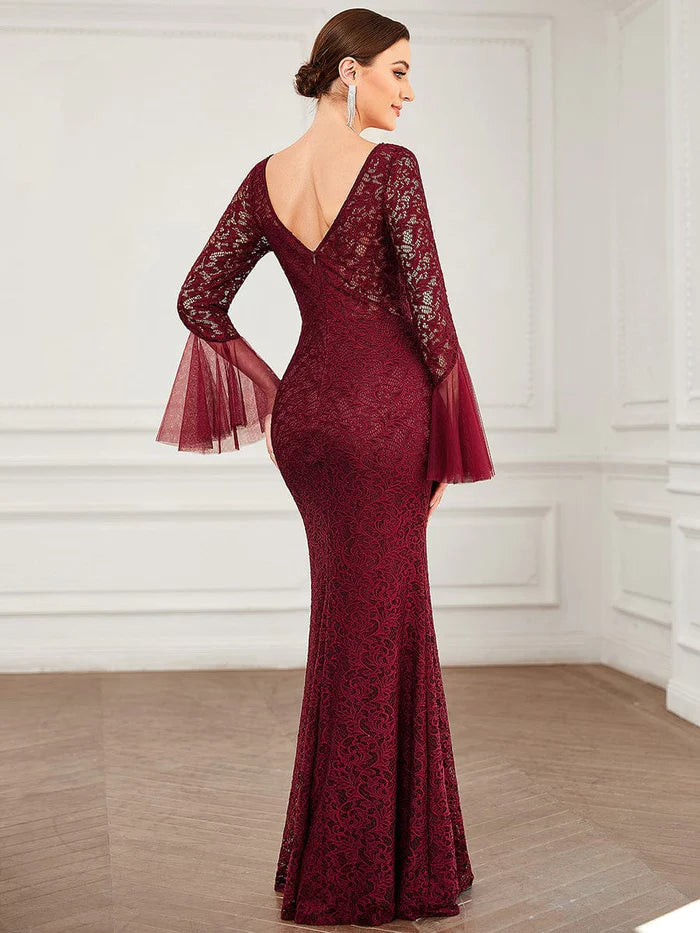 16925 Plum Bell Sleeve Lace Dress