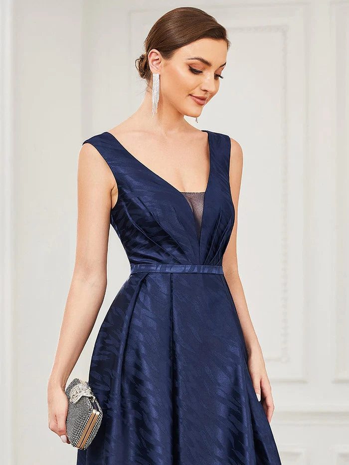 Illusion V-Neck Satin Empire Waist A-Line Evening Dress – LD Dress