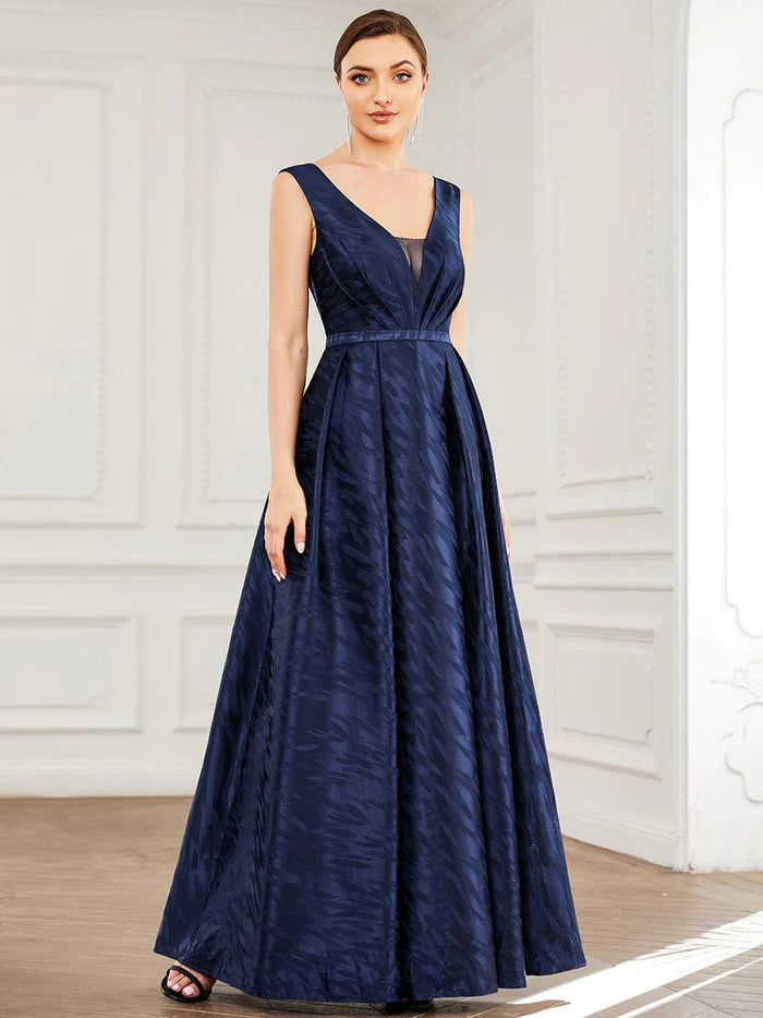 Illusion V-Neck Satin Empire Waist A-Line Evening Dress – LD Dress
