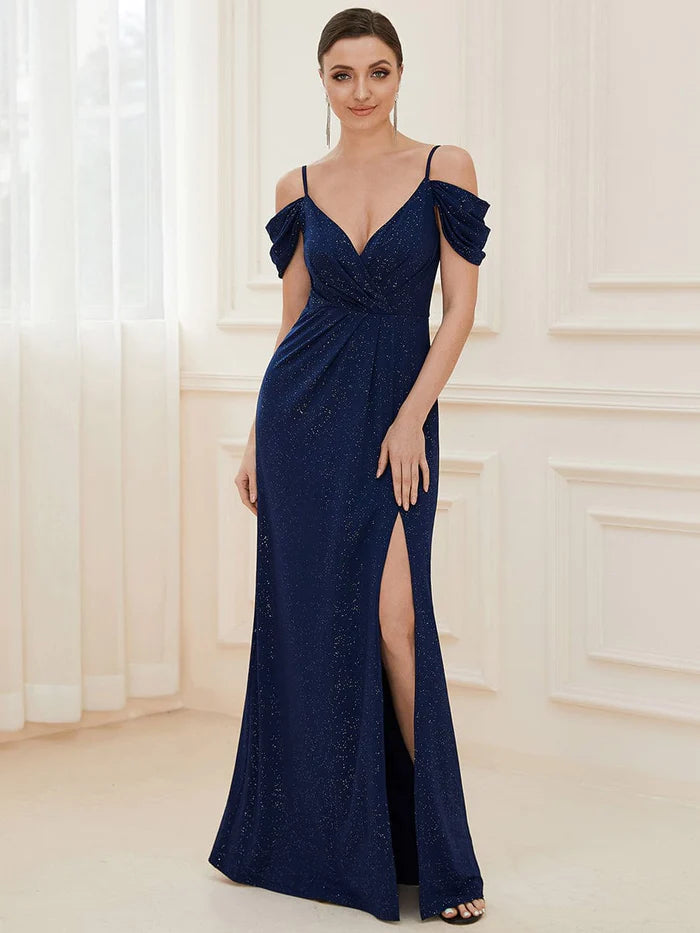 V-Neck Cold Shoulder Floor-Length Evening Dress