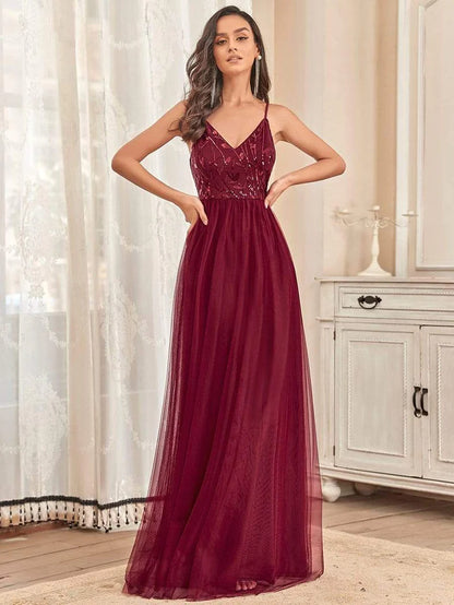 Soft Spaghetti Straps V-Neck Embroidery Evening Dress