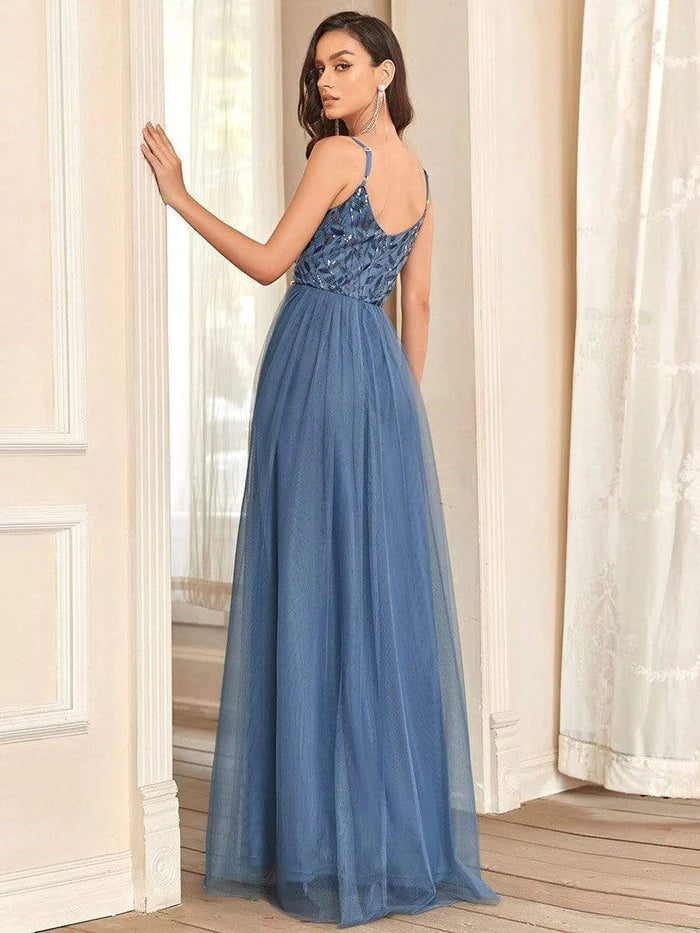 Soft Spaghetti Straps V-Neck Embroidery Evening Dress