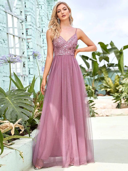 Soft Spaghetti Straps V-Neck Embroidery Evening Dress