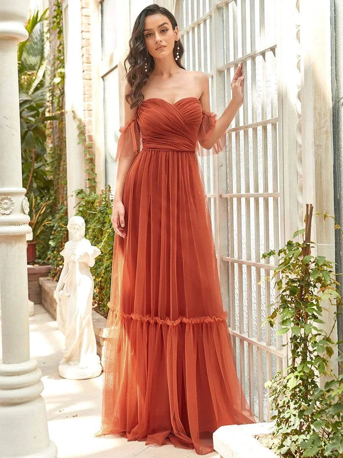 Off-Shoulder Sweetheart Double Layer Pleated Evening Dress