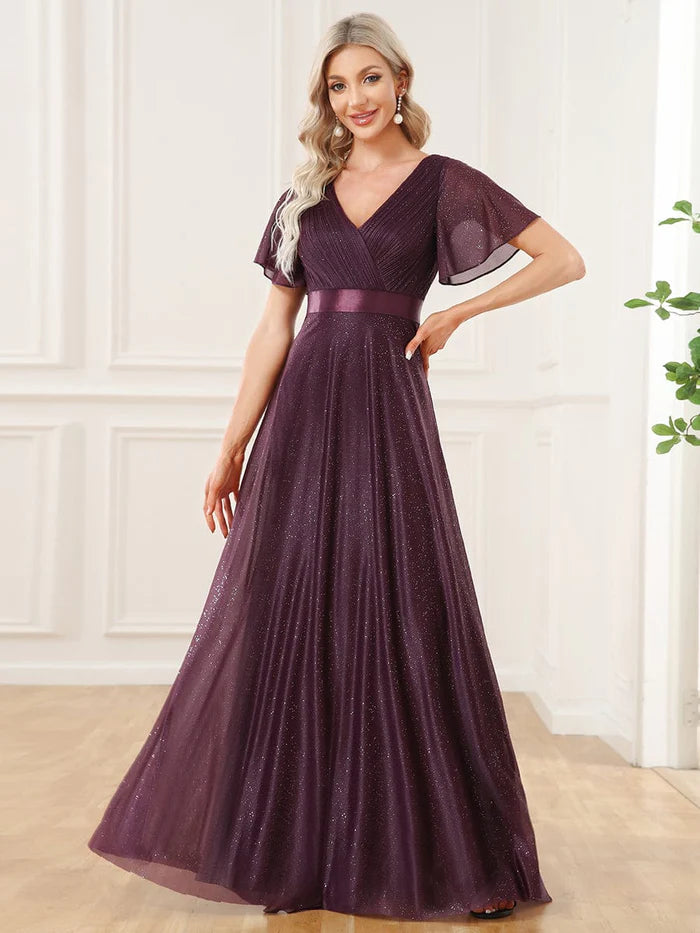 Sparkling Short Sleeve V-Neck Ribbon Waist A-Line Evening Dress