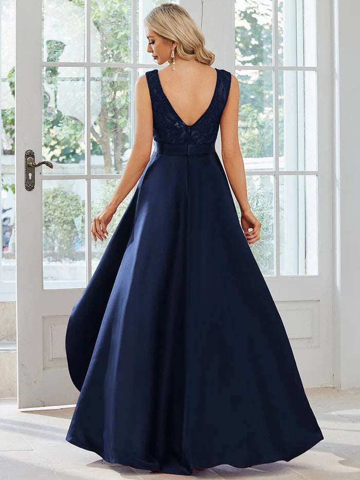 Elegant Sleeveless High-low Lace Top Wedding Guest Dress