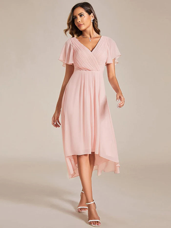 A-Line V-neck Asymmetrical Chiffon Ruffle Dress Pearl Pink