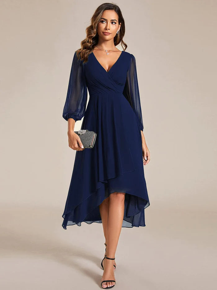 Long Sleeves Asymmetrical Hem A-Line Midi Wedding Guest Dress – LD Dress
