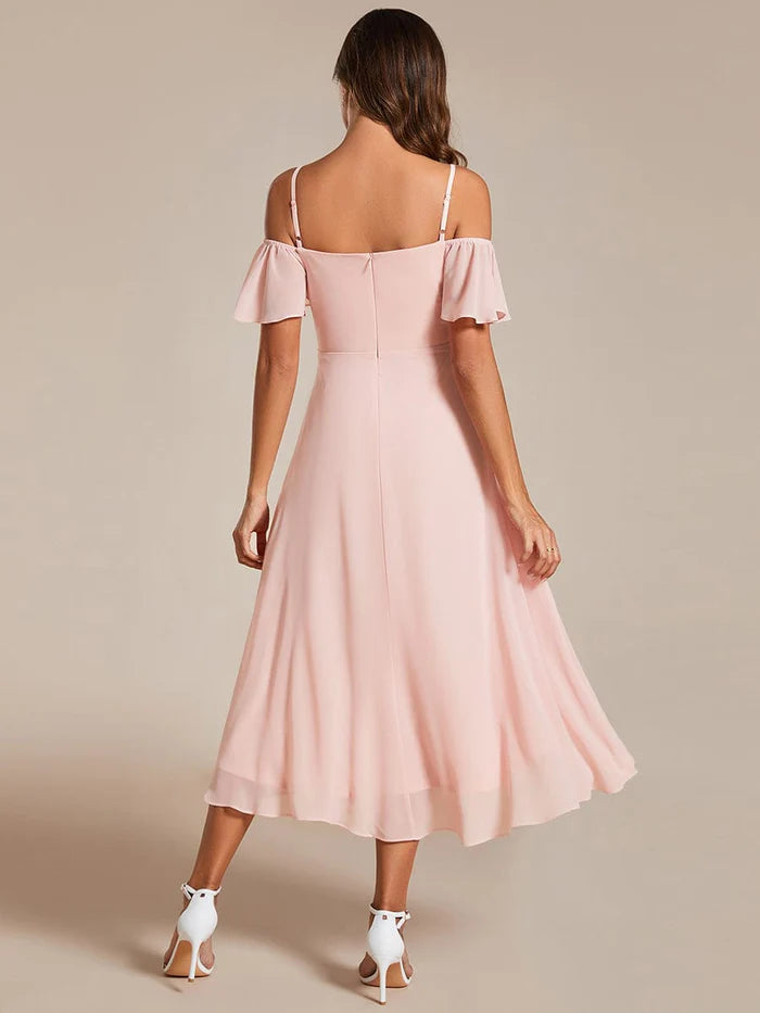 Spaghetti Strap Cold Shoulder Chiffon A-Line Midi Wedding Guest Dress