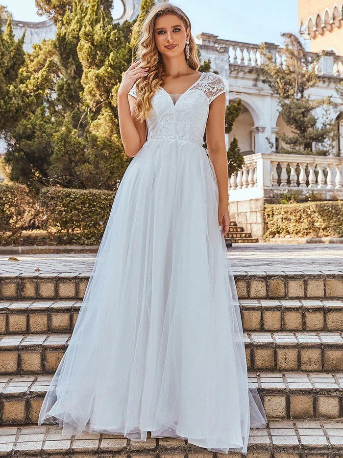 Elegant Cap Sleeves Casual Applique Outdoor Wedding Dress