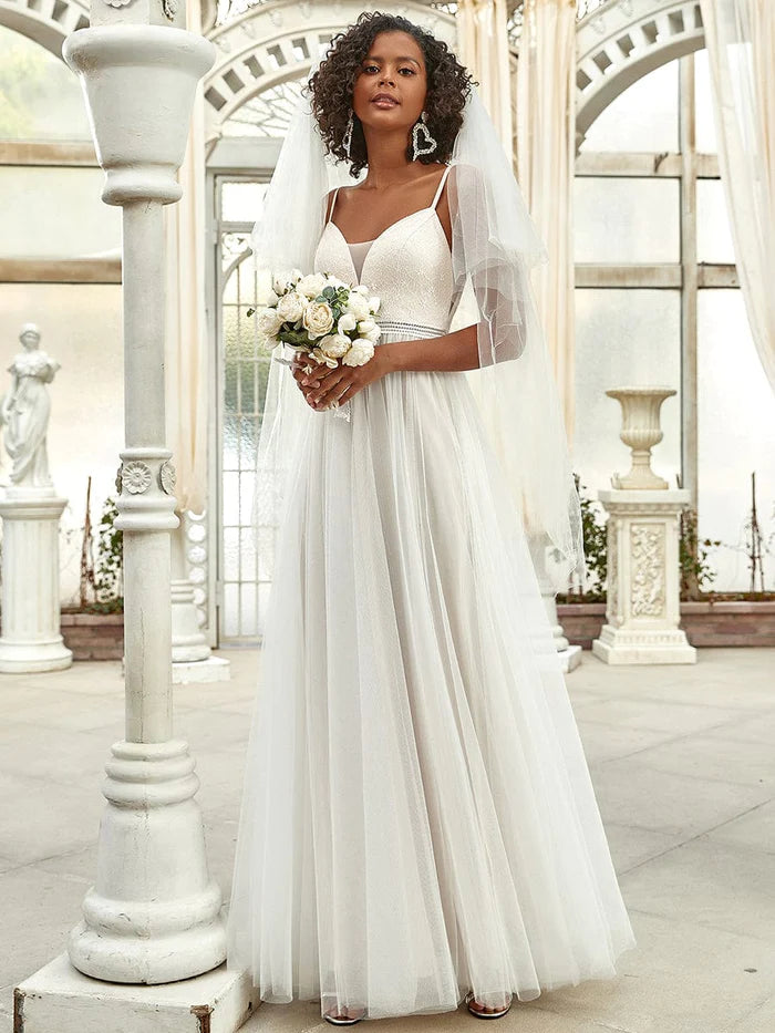 Lace V-Neck Spaghetti Strap Empire Waist Tulle Wedding Dress