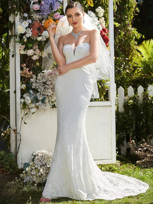 Elegant Strapless Lace Fit and Flare Causal Wedding Dress