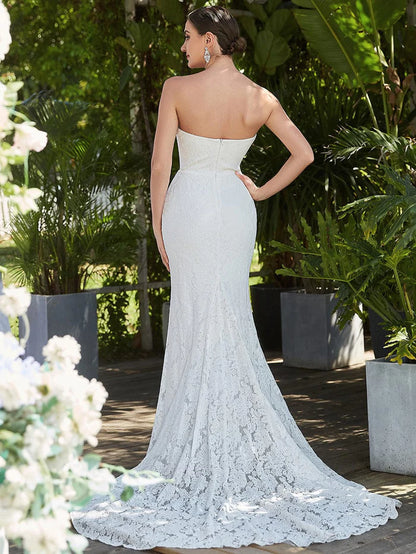 Elegant Strapless Lace Fit and Flare Causal Wedding Dress