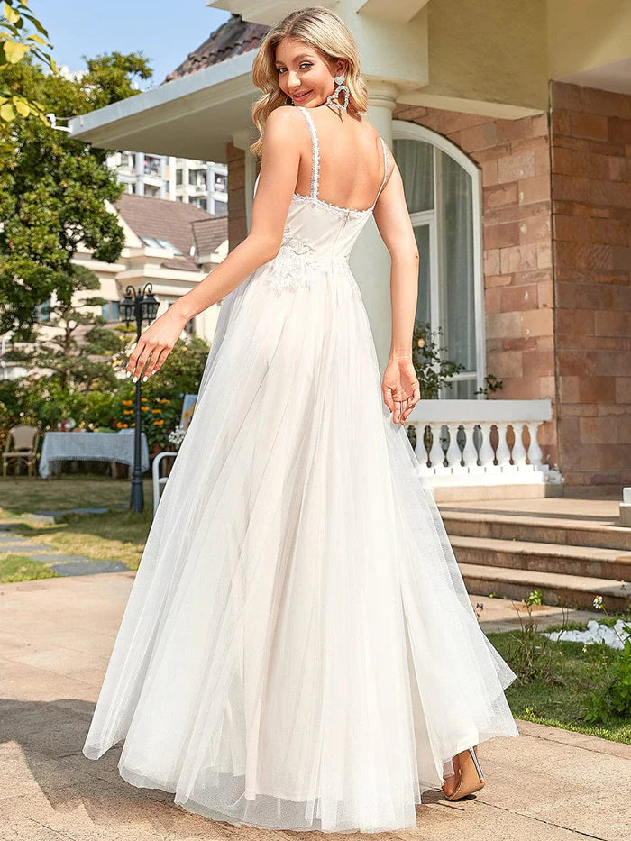 Tulle Floral Spaghetti Strap Illusion V-Neck A-Line Wedding Dress