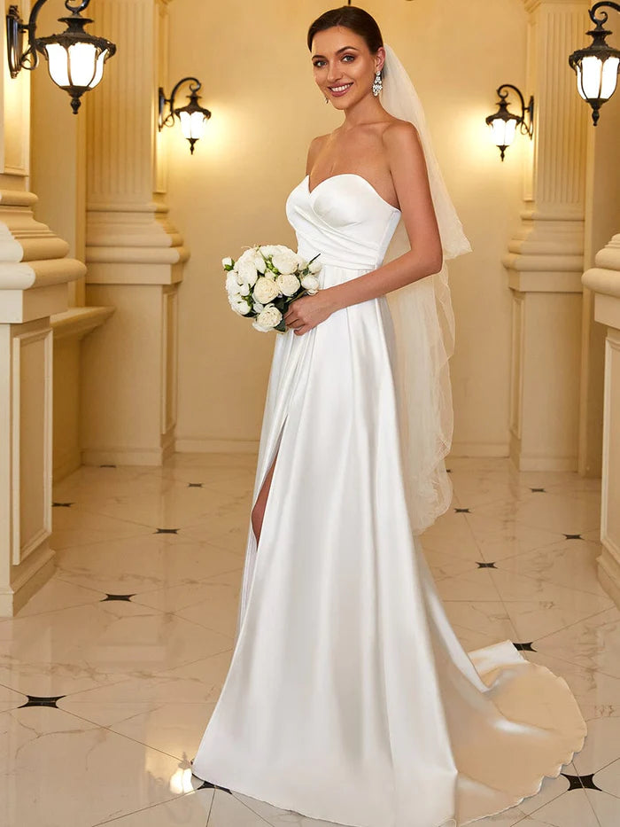 Satin Pleated Sweetheart Sleeveless Front Slit Wedding Dress