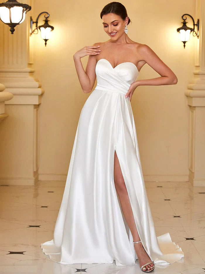 Satin Pleated Sweetheart Sleeveless Front Slit Wedding Dress