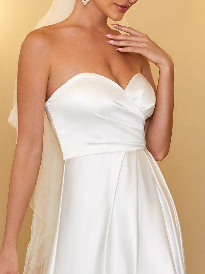 Satin Pleated Sweetheart Sleeveless Front Slit Wedding Dress