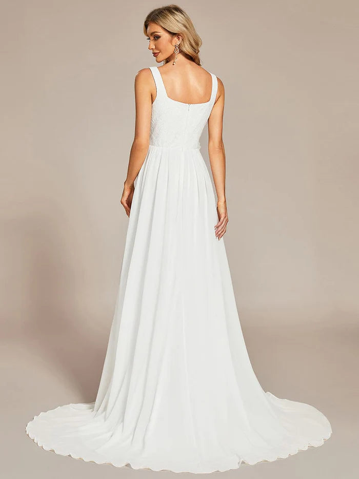 Minimalist Square Neckline High Slit Wedding Dress with Lace Applique