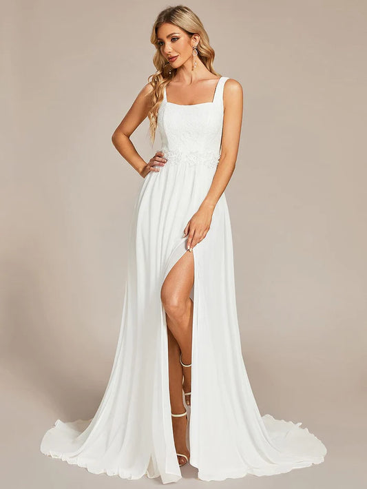 Minimalist Square Neckline High Slit Wedding Dress with Lace Applique