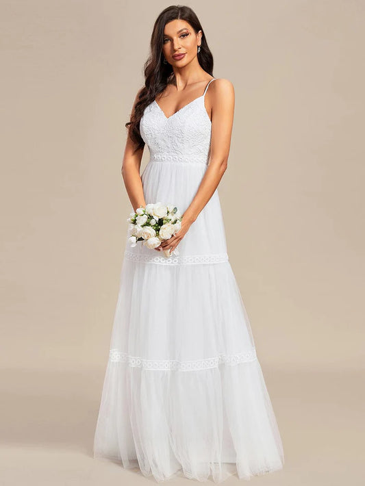 Spaghetti Strap Lace Embroidery A-Line Tulle Romantic Wedding Dress