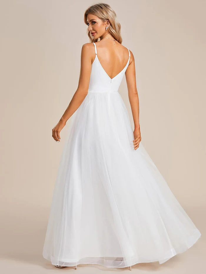 Spaghetti Straps V-Neck Waist Applique A-Line Tulle Wedding Dress