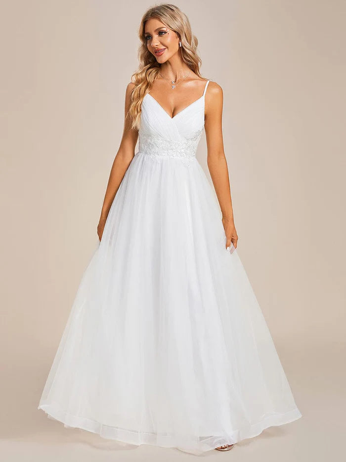 Spaghetti Straps V-Neck Waist Applique A-Line Tulle Wedding Dress