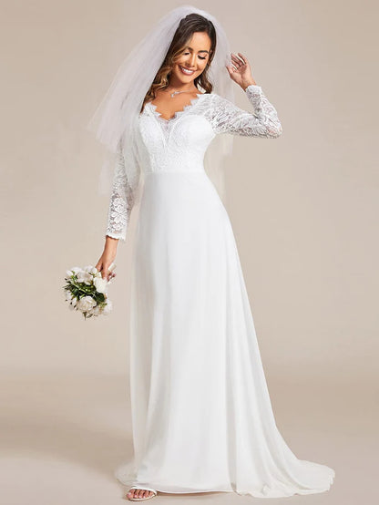 Lace Long Sleeves Eyelash Edge Bodycon Mermaid Chiffon Wedding Dress