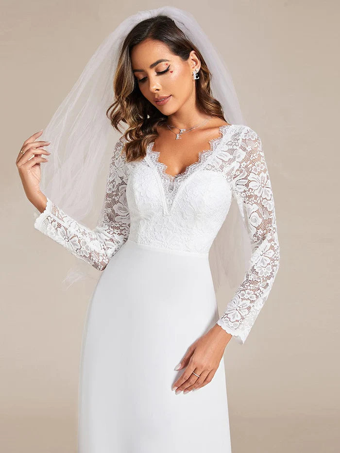 Lace Long Sleeves Eyelash Edge Bodycon Mermaid Chiffon Wedding Dress