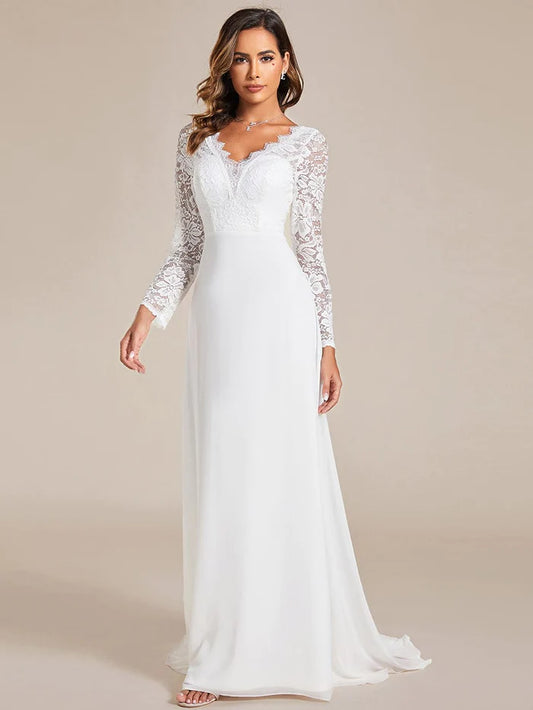 Lace Long Sleeves Eyelash Edge Bodycon Mermaid Chiffon Wedding Dress