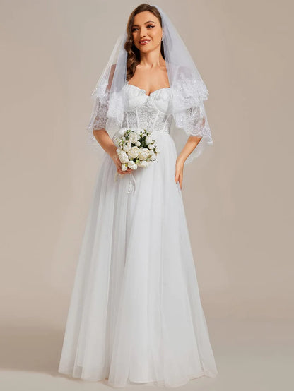 Romantic See-Through Lace Bodice Spaghetti Strap Short Sleeve Tulle Wedding Dress