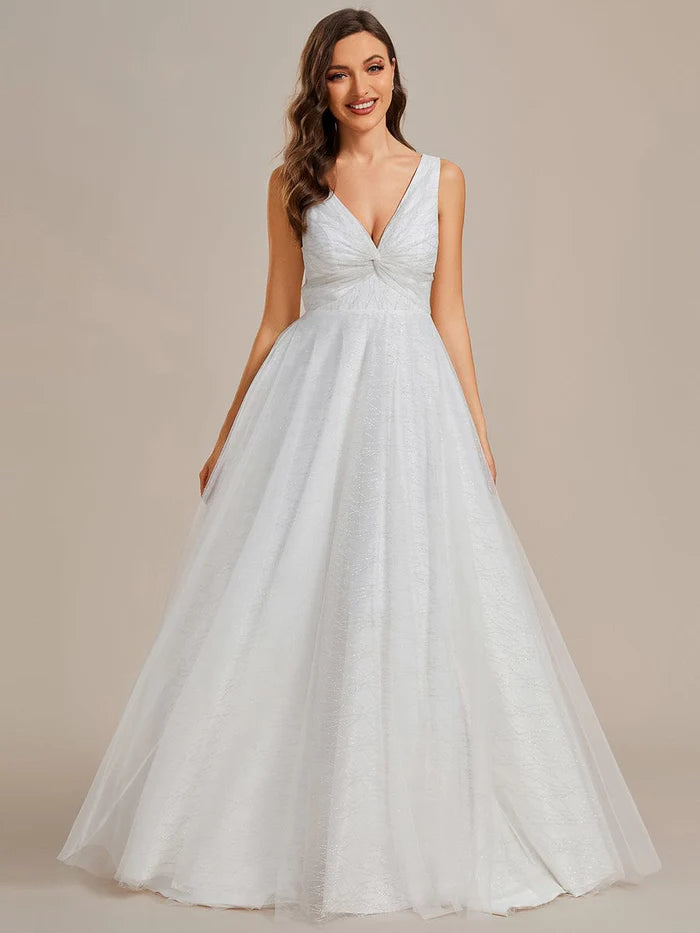 Classical Tulle Glittery Pleated Double V-Neck A-Line Wedding Dress with Train