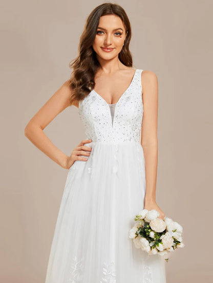 Sleeveless V-Neck A Line Embroidered Tulle Wedding Dress with Applique