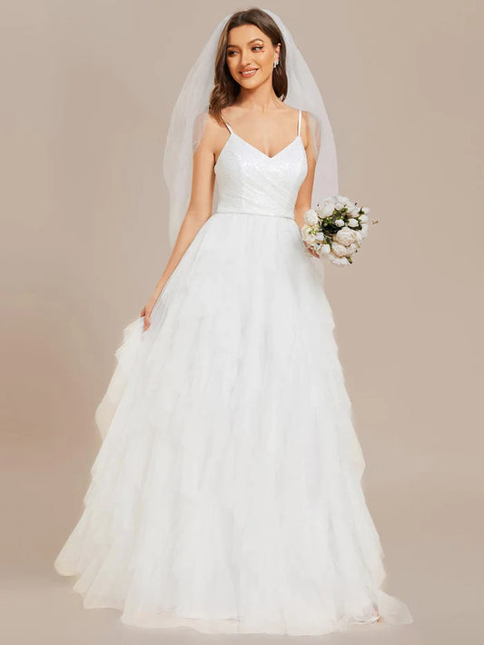 Sparkling V-Neck Spaghetti Straps Tiered Tulle Wedding Dress