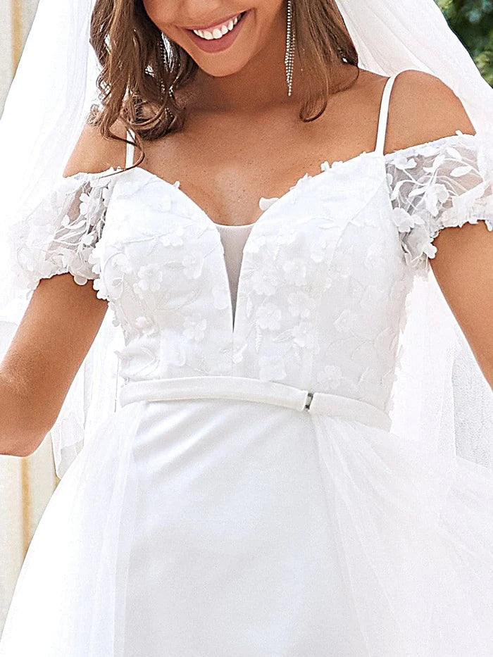 Cold Shoulder V-Neck Double Layer Wedding Dress