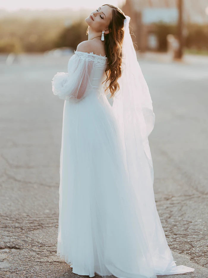 Sheer Lantern Sleeve Off the Shoulder Wedding Dress