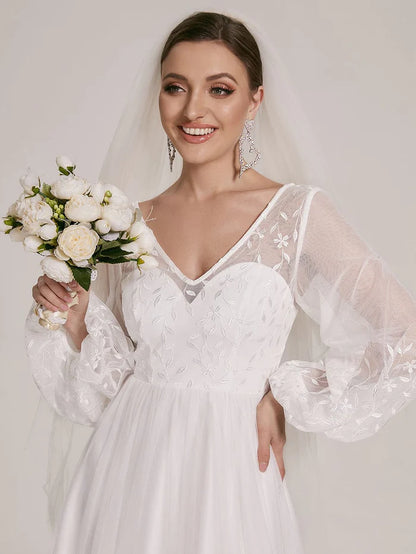 Sheer Floral Puffed Sleeve Sweetheart A-Line Wedding Dress