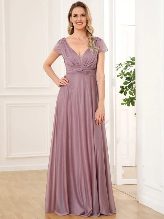 V-Neck Pleated Cap Sleeve Floor Length Mother of the Bride Dress