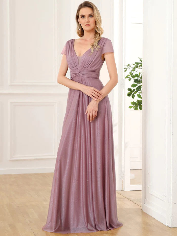 V-Neck Pleated Cap Sleeve Floor Length Mother of the Bride Dress