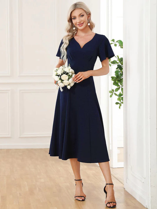 Short Flutter Sleeve V-Neck Midi Mother of the Bride Dress