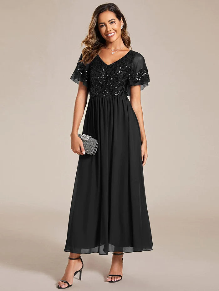 Short Sleeve V-Neck Sequin Chiffon A-Line Mother of the Bride Dress