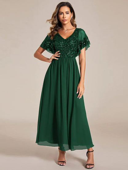 Short Sleeve V-Neck Sequin Chiffon A-Line Mother of the Bride Dress