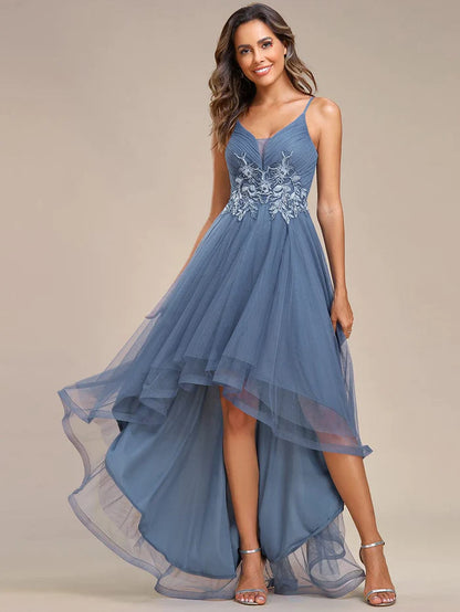 Stylish Floral Embroidered Waist High-Low Prom Dress