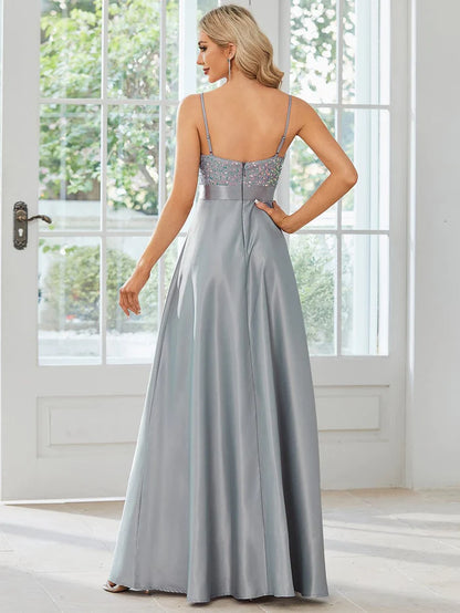 Spaghetti Strap Sequin Bodice A-Line Satin Prom Dress