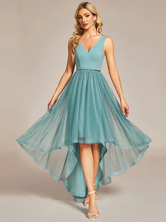 Sleeveless Tulle High Low Prom Dress with Waist Chain