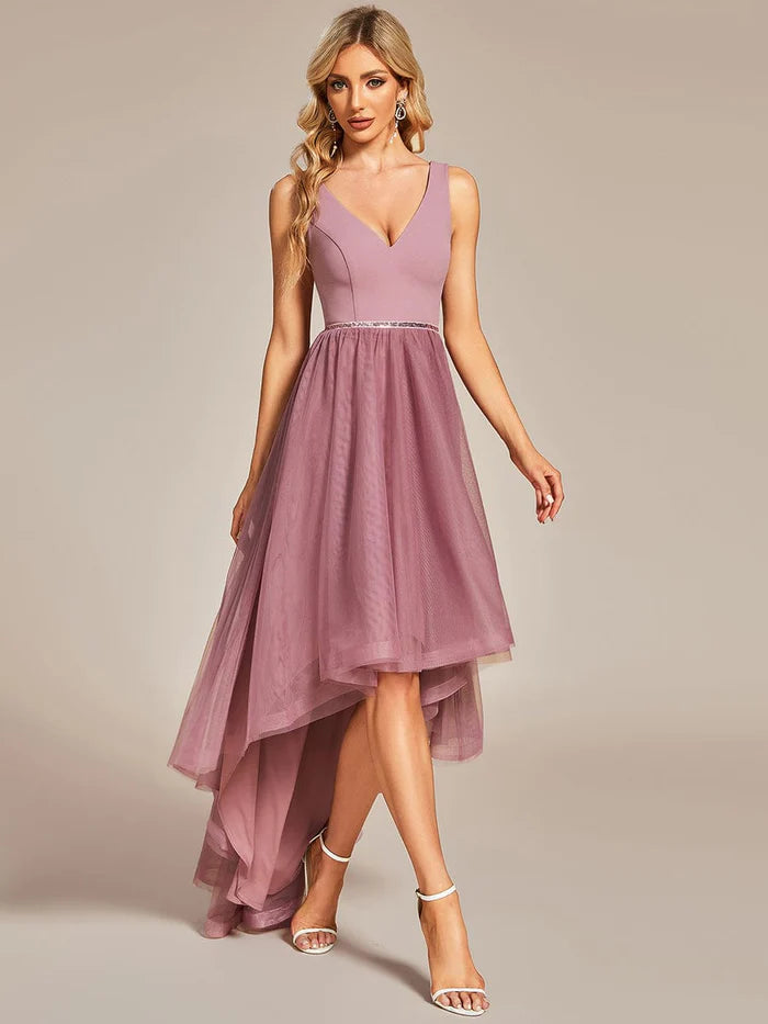 Sleeveless Tulle High Low Prom Dress with Waist Chain