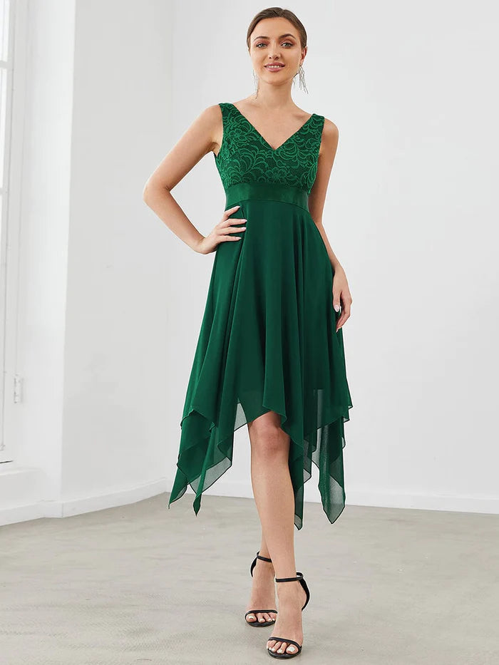 Deep V-Neck Lace Chiffon Bridesmaid Dress with Asymmetrical Hem