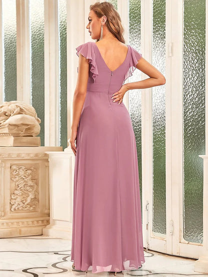 Sweet Pleated Bodice Ruffle Sleeve Long Bridesmaid Dress