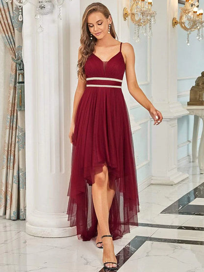 V Neck High-low Hem Pleated Tulle Prom Dress